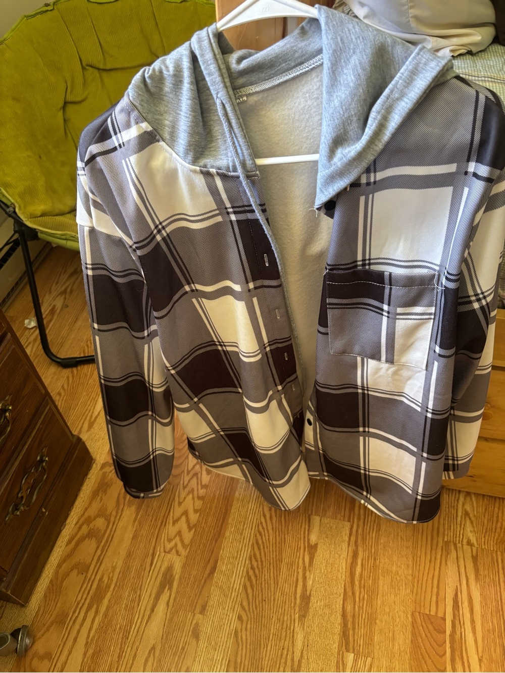 Plaid Hooded Button-Up Shacket in Black & Gray